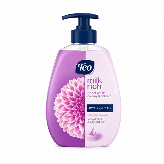 Săpun lichid cremă Teo Milk Rich Silk & Orchid, cu proteină din lapte, flacon cu pompiță