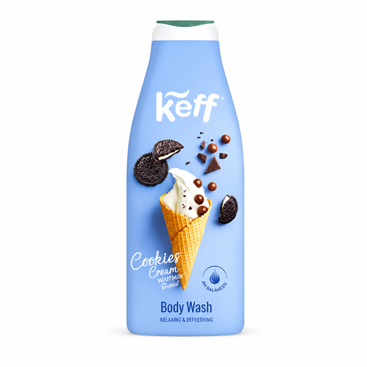 Gel de duș Keff Cookies & Cream, cu aromă dulce de biscuiți și cremă, Moisture Rich, 500 ml